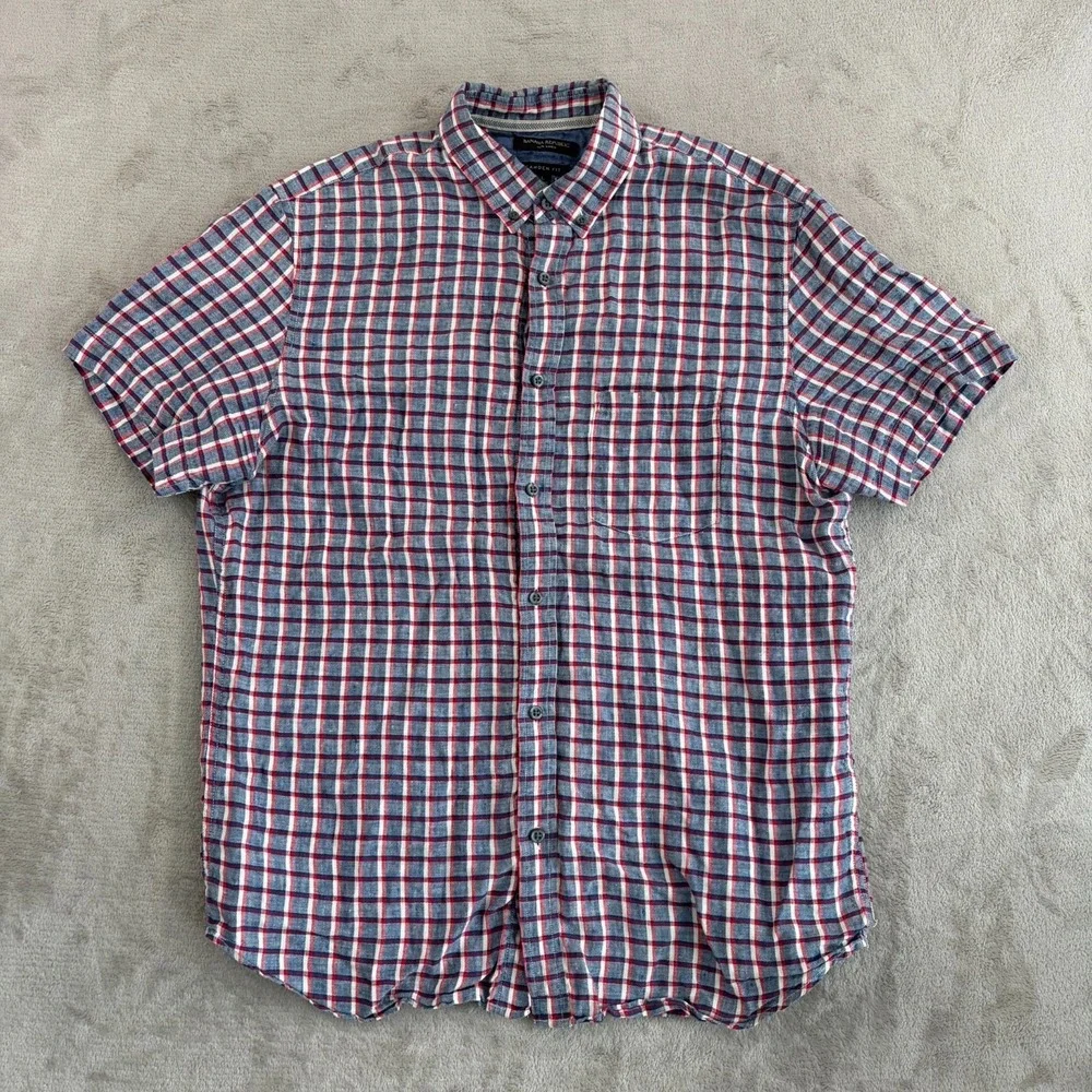 Banana Republic Camden Fit Shirt Men Large‎ Blue Red White Plaid 100% Linen NWOT